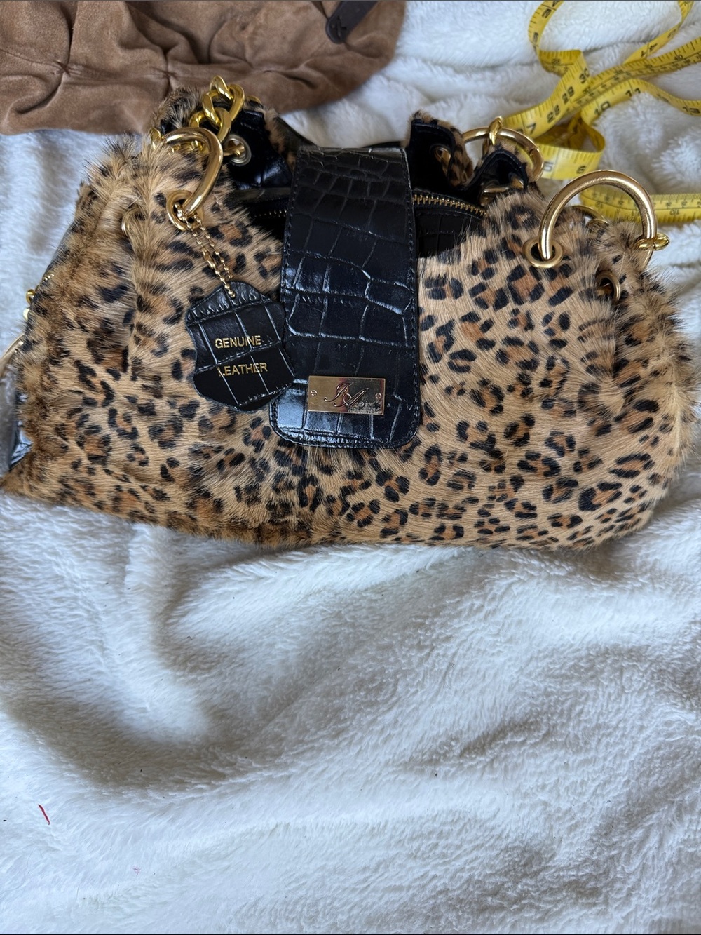 Leopard Print Genuine Leather Shoulder Bag with Black Trim